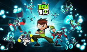 Ben 10 被他的外星形態包圍，擺出動態的動作姿勢。 — 卡通網絡角色 壁紙