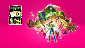 Ben 10 Ultimate Alien 英雄與兩個巨型外星人形態在粉紅色背景上發光。