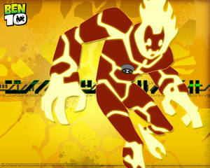 來自Ben 10的火熱外星角色，在發光黃色背景前擺出動作姿勢。