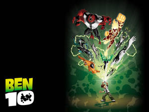 Ben 10 啟動他的外星變身，十個發光的外星形態從綠色能量漩渦中衝出。