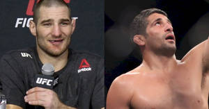 兩位男性UFC拳手，一位在記者會上微笑，另一位在八角籠中慶祝勝利。
