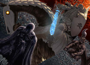 奇幻戰士在熾熱的地獄般景觀中與惡魔般的生物戰鬥。