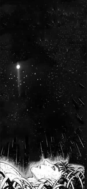 人躺在草地上，仰望有明亮彗星和落雨的星空之夜。