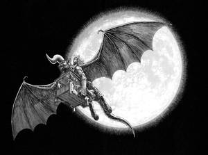 一個帶有蝙蝠翅膀的惡魔生物在滿月前的夜空中騎著馬車。