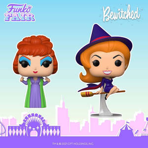 兩個《神仙家庭》Funko Pop!人偶在風格化的嘉年華城市景觀前擺姿勢。