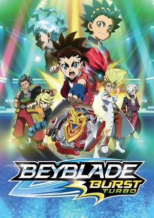 Beyblade Burst Turbo 動漫海報，包含角色和旋轉的陀螺。