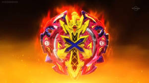 一個旋轉的Beyblade被火焰包圍，背景熾熱。