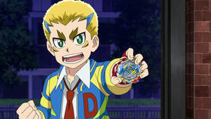 動畫男孩穿著藍黃色外套在夜晚拿著Beyblade