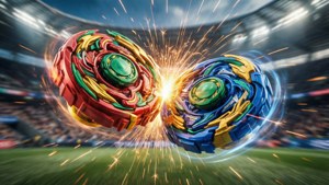 兩個色彩繽紛的Beyblades在體育場半空中碰撞，明亮的火花飛濺。