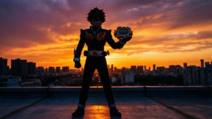 動畫Beyblade戰士剪影在屋頂上日落時分手持旋轉陀螺。