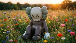 KAWS 乙烯基公仔坐在夕陽下五顏六色的野花田中