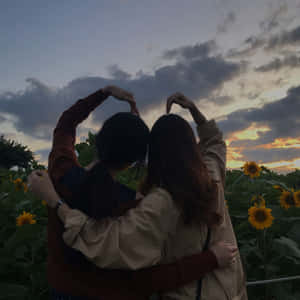 兩個朋友在日落時分的向日葵田裡擁抱，用手比出心形。 — 友誼日 壁紙