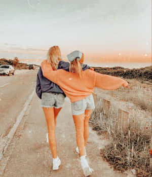 兩位女士在日落時分一起在海邊道路上行走。