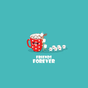 一個紅色圓點杯，裏面有棉花糖和朋友們爬出來，帶有「Friends Forever」文字。