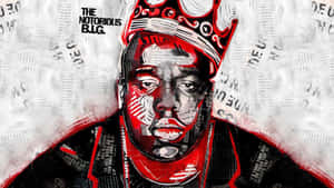 The Notorious B.I.G. 的肖像，戴著紅色皇冠和報紙背景。
