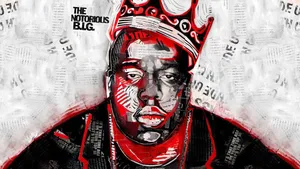 The Notorious B.I.G. 的肖像,戴著紅色皇冠和報紙背景。