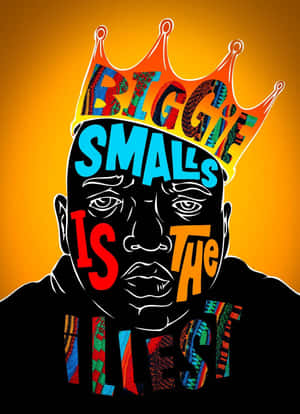 Biggie Smalls 戴著皇冠的圖形插圖，臉部周圍有彩色文字。