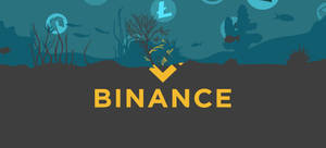 Binance 標誌從海底升起，魚類和貨幣符號在藍色水中。 — 加密貨幣 壁紙
