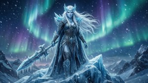冰霜女王手持冰劍站在極光下的雪山之巔