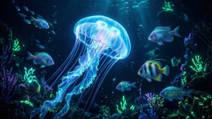 一隻發光的藍色水母在深海中與色彩繽紛的魚類和霓虹珊瑚一起游泳。