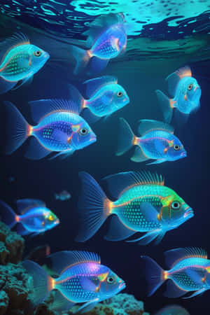 一群發光的藍色魚，帶有橙色魚鰭，在水下珊瑚附近游泳