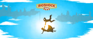 兩個人物喺帶有 Bioshock Infinite 標誌嘅城市上空跳躍。 — 生化奇兵 無限之城 壁紙