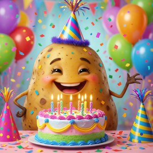 開心動畫薯仔在生日派對上，有蛋糕和氣球