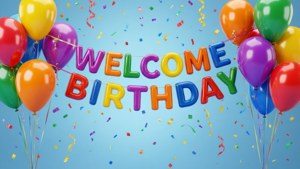 色彩繽紛的氣球和五彩紙屑用「WELCOME BIRTHDAY」橫幅慶祝生日。