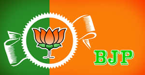 BJP的政治標誌，在綠色和橙色背景上帶有蓮花、絲帶和文字。