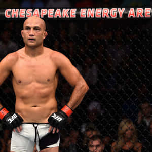 一名光頭MMA拳手穿著UFC手套和短褲，在比賽期間站在八角籠內。