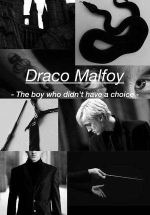 黑白拼貼畫，Draco Malfoy與蛇、魔杖和城堡圖像。