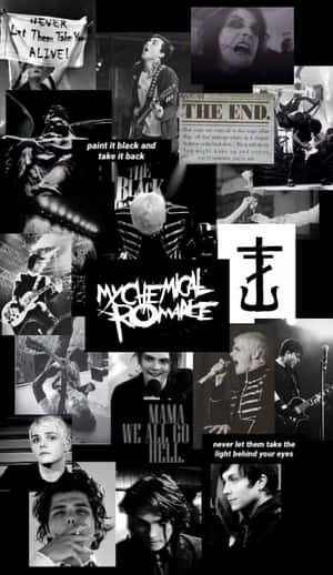 My Chemical Romance 樂團拼貼畫，包含歌詞和表演照片，黑白風格。