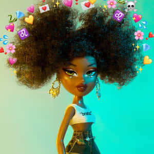 Bratz 公仔，大鬈髮和表情符號裝飾，青綠色背景