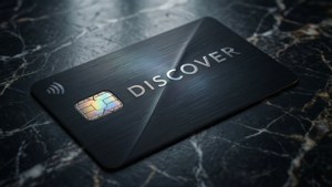 深色大理石表面上的黑色Discover信用卡及晶片