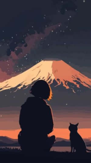 一個人同一隻貓坐喺發光嘅山前面，背景係繁星點點嘅天空