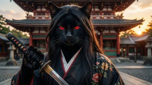穿著和服的黑貓武士在日落時分於寺廟前持刀