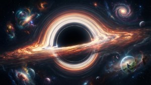 一個在氣泡中的孤獨人物在深空中觀察黑洞和旋轉的星系。