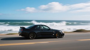 黑色日產Skyline R34在海岸高速公路上飛馳，海浪和藍天