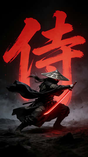 身穿黑色盔甲的武士戰士手持發光紅色劍，身後有大型紅色漢字