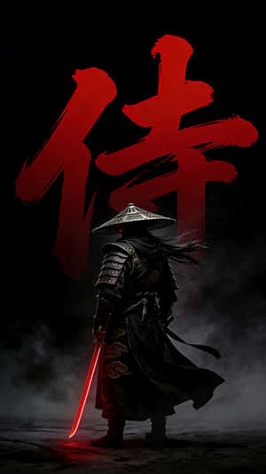 黑色盔甲的武士在紅色漢字下握著一把發光的紅色劍。