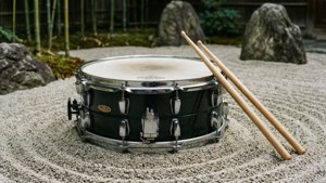日本庭園耙紋碎石上的黑色小鼓與鼓棒。