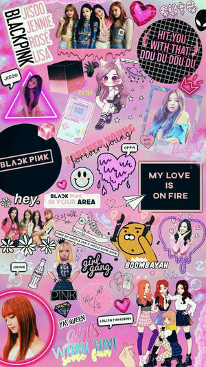 Blackpink粉絲拼貼畫，在粉紅色背景上帶有貼紙、動漫藝術和流行文化元素。