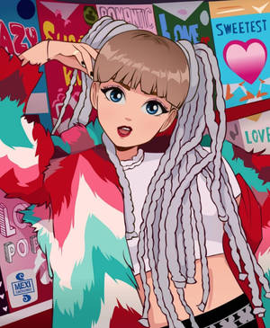 動漫女孩，銀色辮子頭和藍色眼睛，在愛情主題塗鴉牆前。