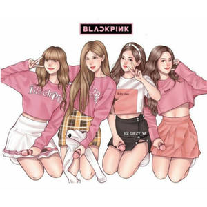 四位身穿粉紅色服裝的插畫Blackpink成員擺出和平手勢。