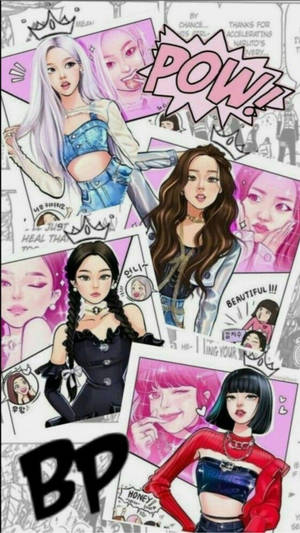 K-pop 偶像的動漫風格拼貼畫，帶有漫畫對話氣泡和粗體文字。