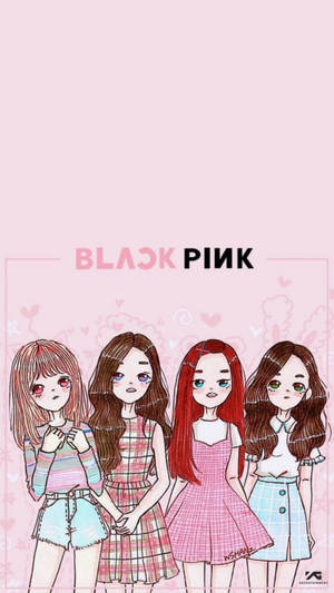 四個插畫風格嘅K-pop女仔著住粉彩色衫，有心形同BLACK PINK文字。