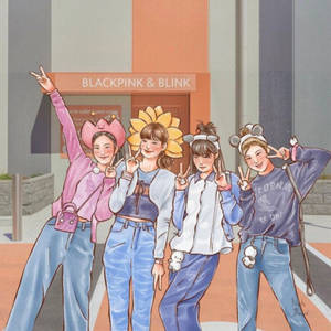 四個動漫女孩在BLACKPINK粉絲商店外比出和平手勢。 — 日本龍動畫 壁紙