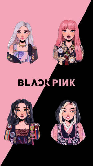 四個插圖化的 K-pop 女子組合成員，擁有色彩繽紛的頭髮和服飾，在粉紅和黑色背景前。