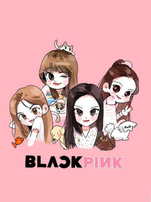 Q版Blackpink成員與寵物在粉紅色背景上