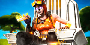 穿著橙色盔甲的Fortnite角色坐在王座上，手持發光皇冠。
